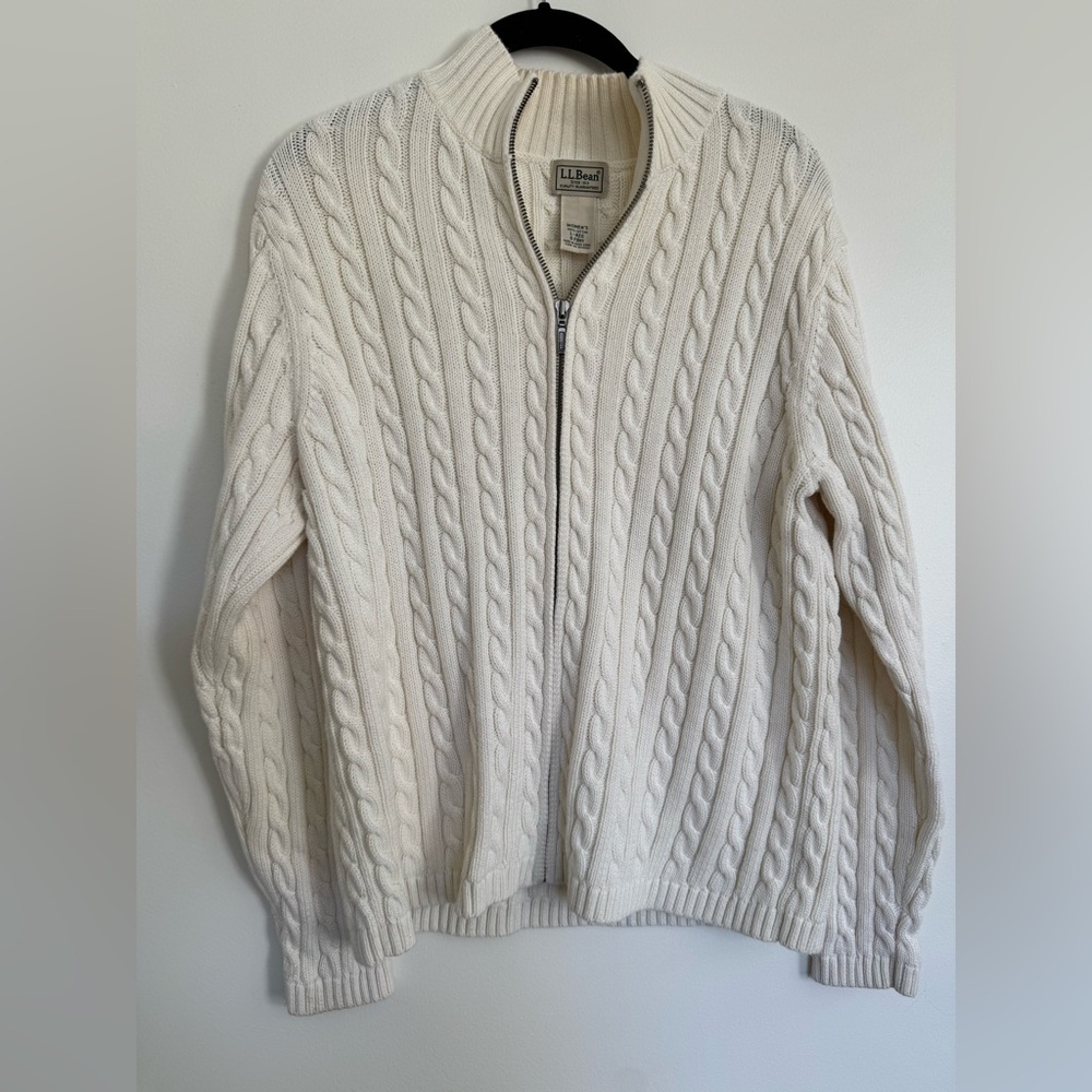L.L. Bean Women's Cotton Cable Knit Fisherman Nautical Zip Up Sweater- Size L